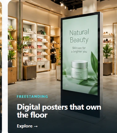 Freestanding digital advertising poster in a retail environment